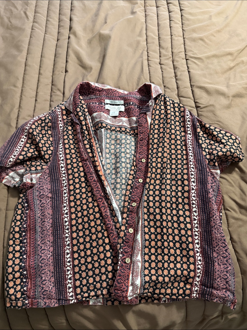 Rachel Zoe Black and Burgundy Printed Short Sleeve Button-Up Top